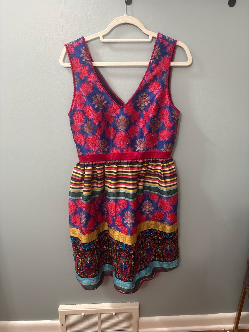 Anthropologie Payal Jain Vibrant Floral V-Neck Dress in Fuchsia and Blue